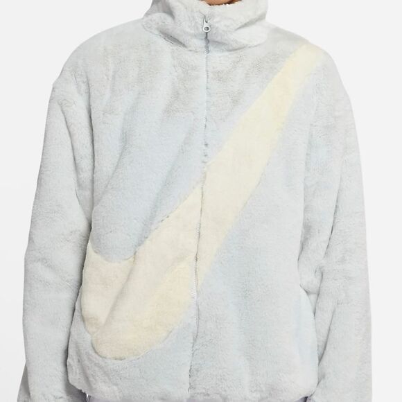 Nike Sportswear Faux Fur Swoosh Jacket Photon Dust Grey Giant Logo Dunk Low L - Picture 14 of 16